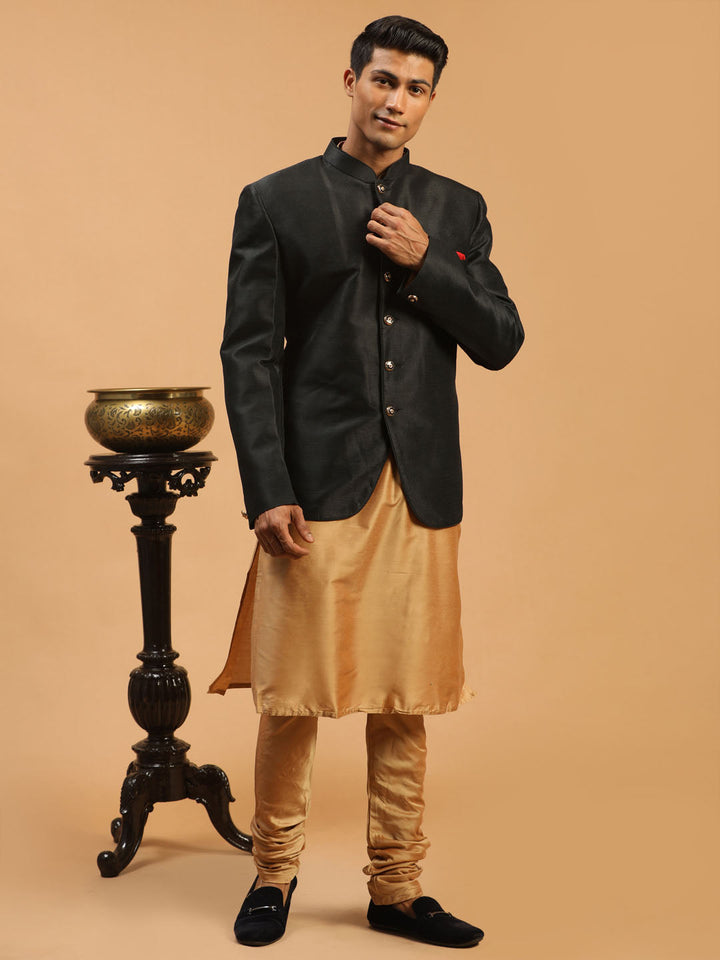 Sarvati  Men's Black Silk Blend Jodhpuri With Rose Gold Viscose Kurta Pyjama Set