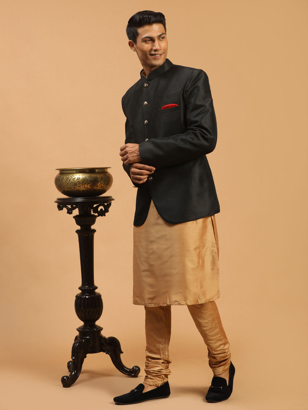 Sarvati  Men's Black Silk Blend Jodhpuri With Rose Gold Viscose Kurta Pyjama Set