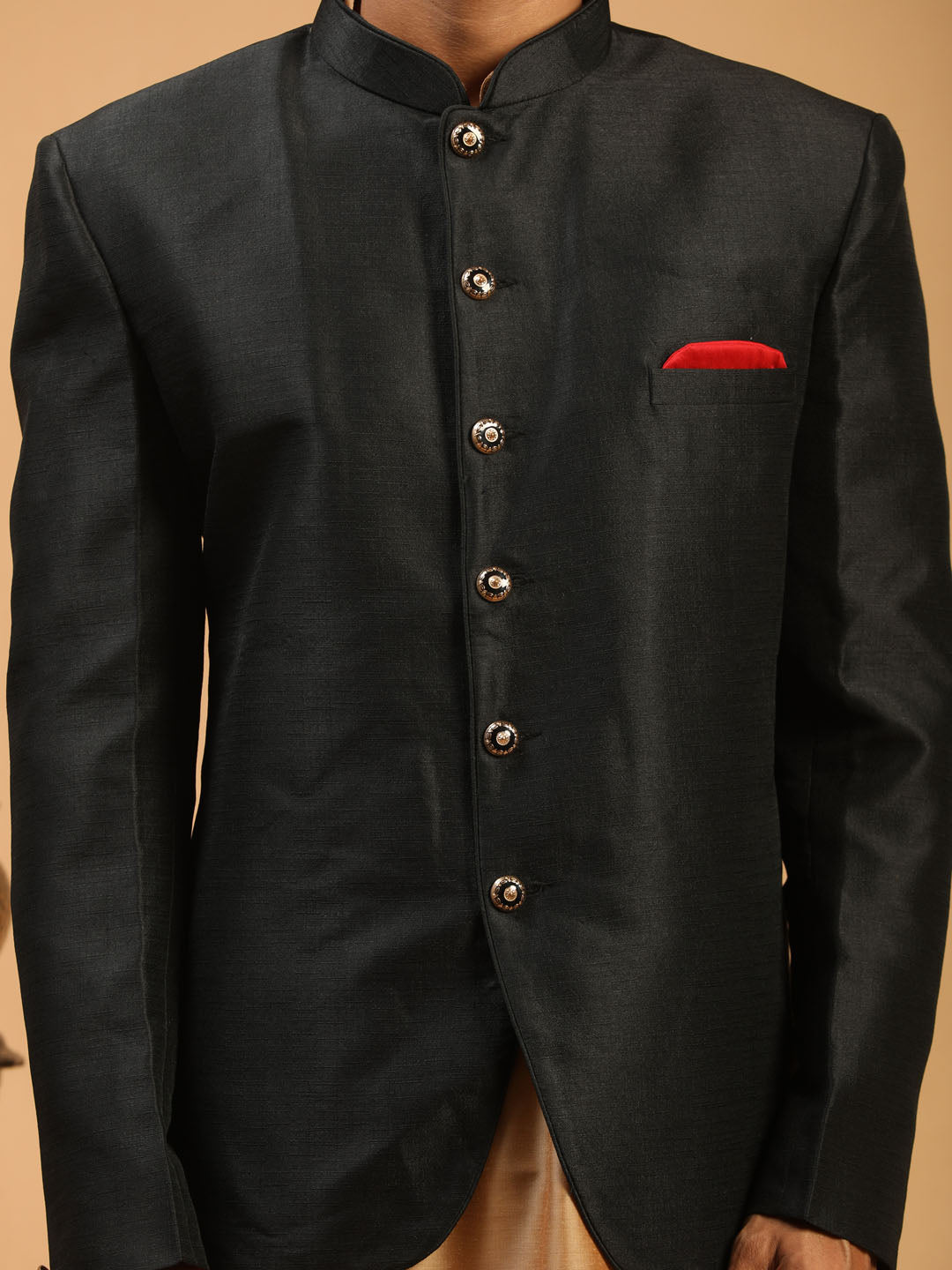 Sarvati  Men's Black Silk Blend Jodhpuri With Rose Gold Viscose Kurta Pyjama Set