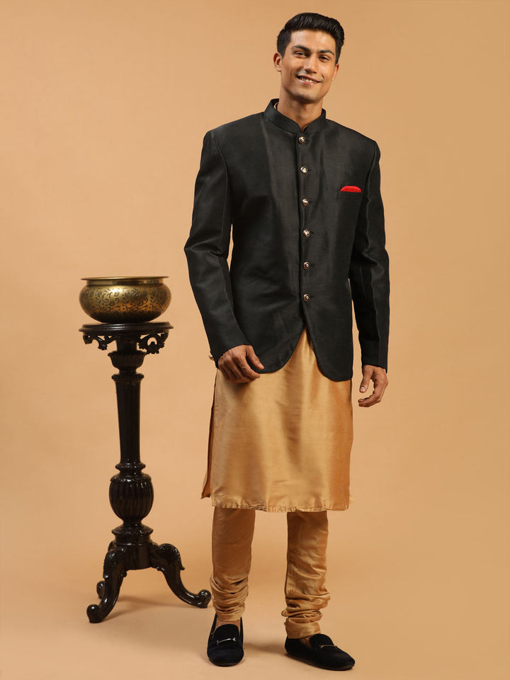 Sarvati  Men's Black Silk Blend Jodhpuri With Rose Gold Viscose Kurta Pyjama Set