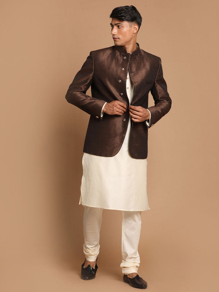 Sarvati Men'Coffee Silk Blend Jodhpuri With Cream Viscose Rayon Kurta Pyjama Set