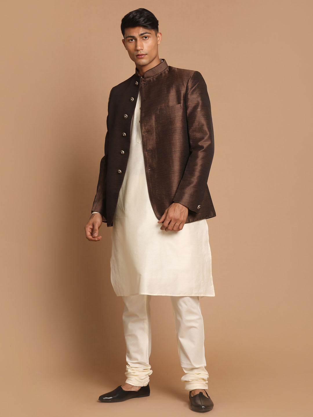 Sarvati Men'Coffee Silk Blend Jodhpuri With Cream Viscose Rayon Kurta Pyjama Set