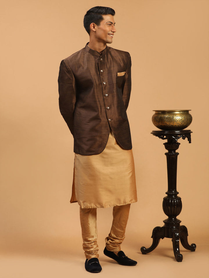 Sarvati Men's Coffee Silk Blend Jodhpuri With Rose Gold Viscose Kurta Pyjama Set