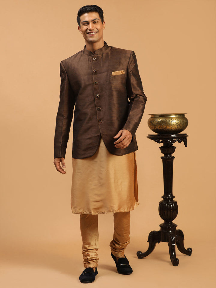 Sarvati Men's Coffee Silk Blend Jodhpuri With Rose Gold Viscose Kurta Pyjama Set