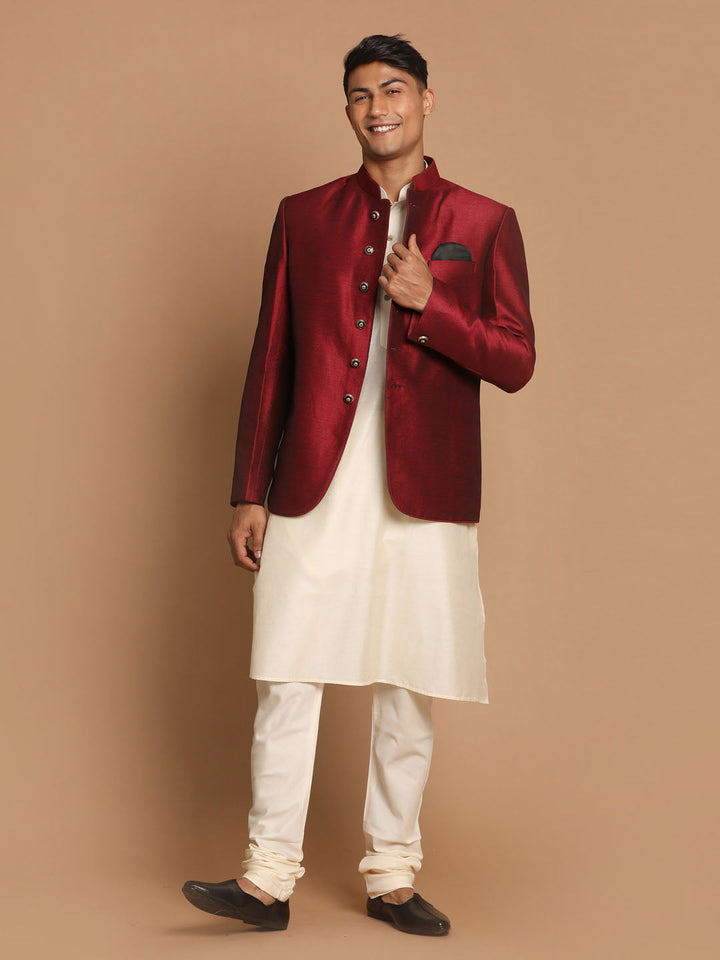 Sarvati Men's Maroon Silk Blend Jodhpuri With Cream Viscose Rayon Kurta Pyjama Set