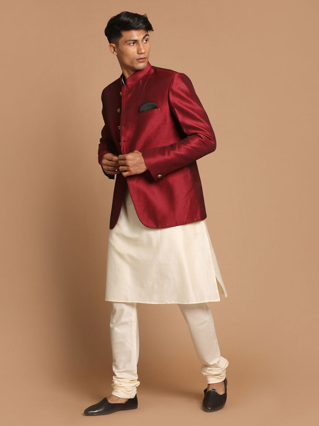 Sarvati Men's Maroon Silk Blend Jodhpuri With Cream Viscose Rayon Kurta Pyjama Set