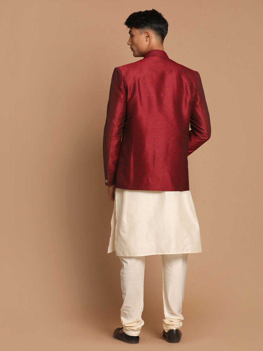 Sarvati Men's Maroon Silk Blend Jodhpuri With Cream Viscose Rayon Kurta Pyjama Set