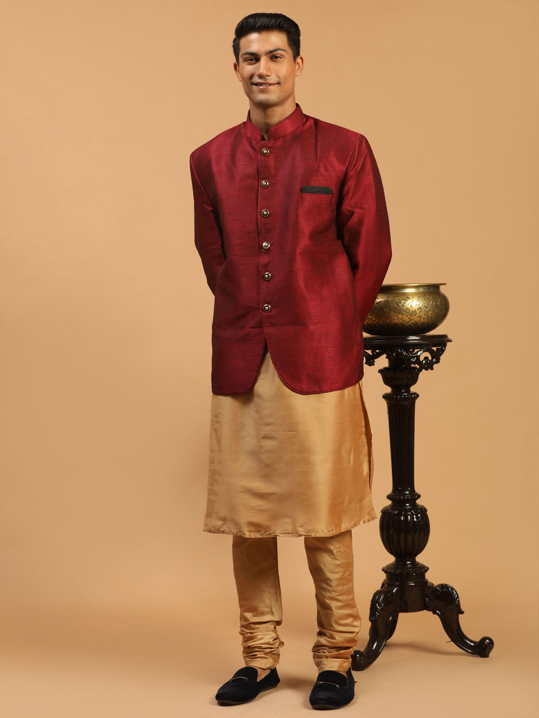 Sarvati Men's Maroon Silk Blend Jodhpuri With Rose Gold Viscose Kurta Pyjama Set