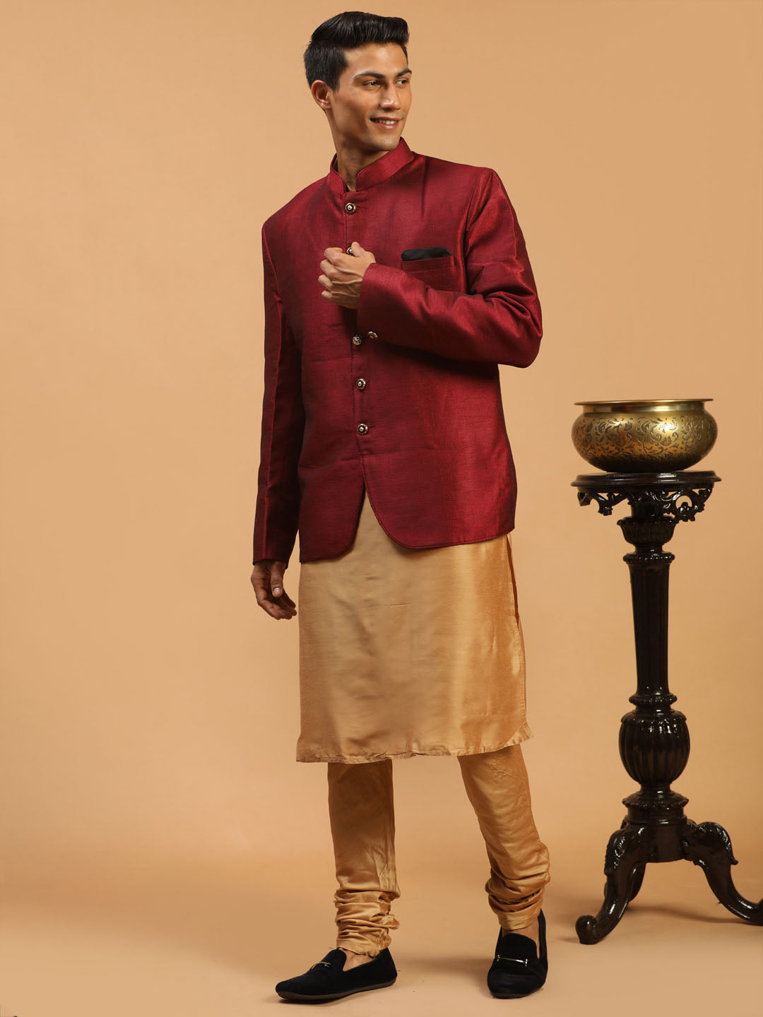 Sarvati Men's Maroon Silk Blend Jodhpuri With Rose Gold Viscose Kurta Pyjama Set