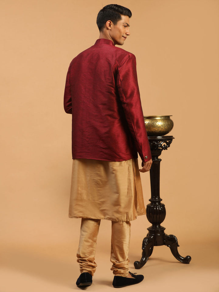 Sarvati Men's Maroon Silk Blend Jodhpuri With Rose Gold Viscose Kurta Pyjama Set