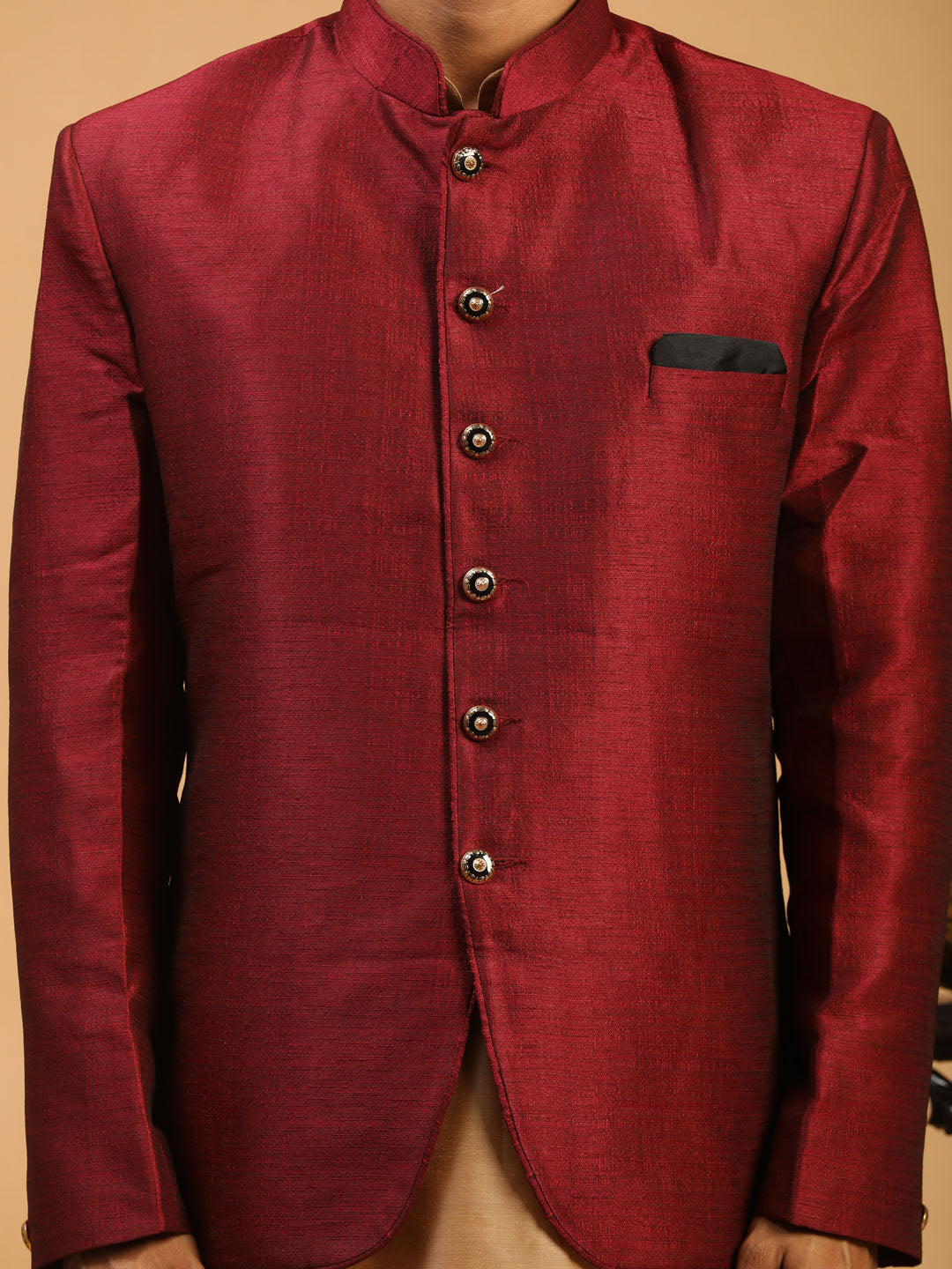 Sarvati Men's Maroon Silk Blend Jodhpuri With Rose Gold Viscose Kurta Pyjama Set