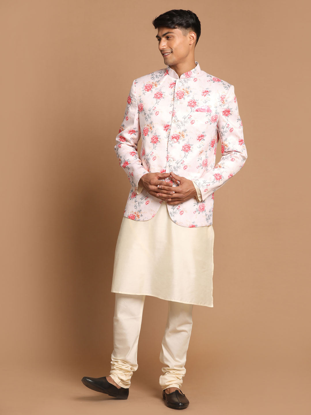 Sarvati Men's Peach Floral Print Jodhpuri With Cream Solid Kurta And Pyjama Set.