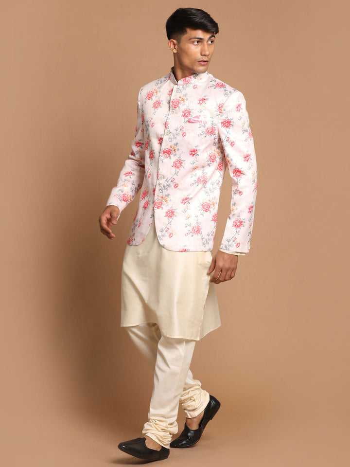 Sarvati Men's Peach Floral Print Jodhpuri With Cream Solid Kurta And Pyjama Set.