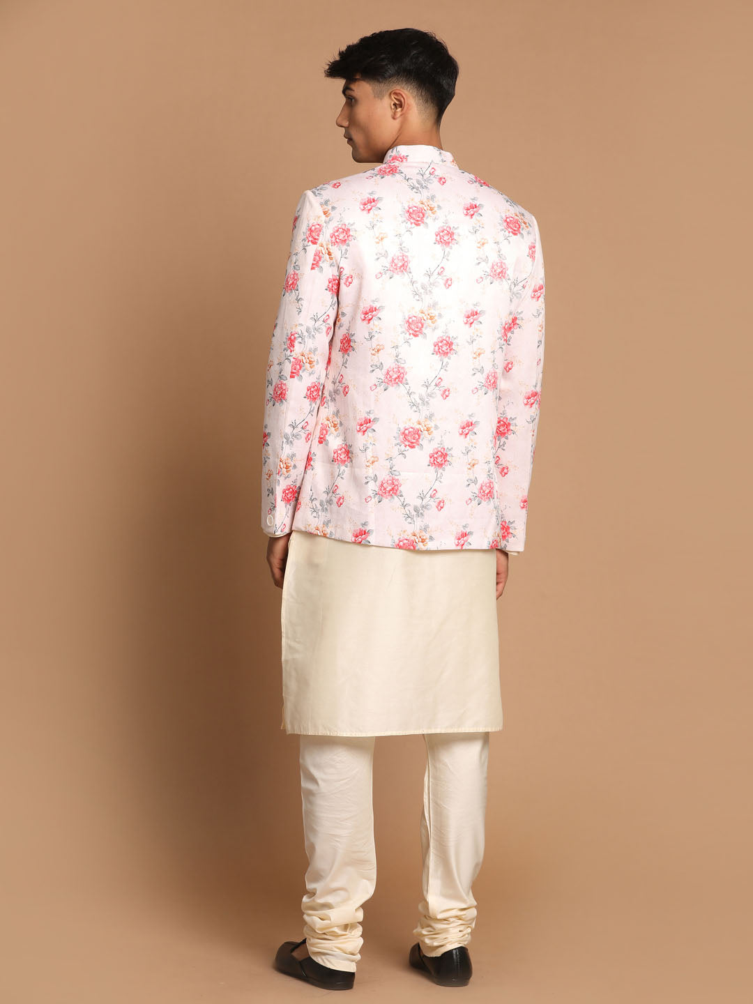 Sarvati Men's Peach Floral Print Jodhpuri With Cream Solid Kurta And Pyjama Set.