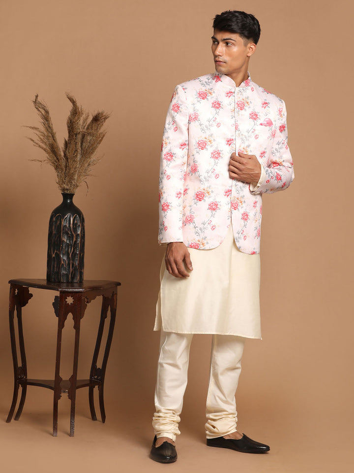 Sarvati Men's Peach Floral Print Jodhpuri With Cream Solid Kurta And Pyjama Set.