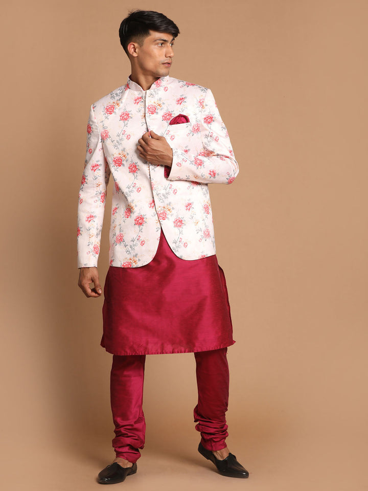 Sarvati Men's  Peach Silk Blend Jodhpuri With Purple Cotton Silk Blend Kurta and Pyjama Set