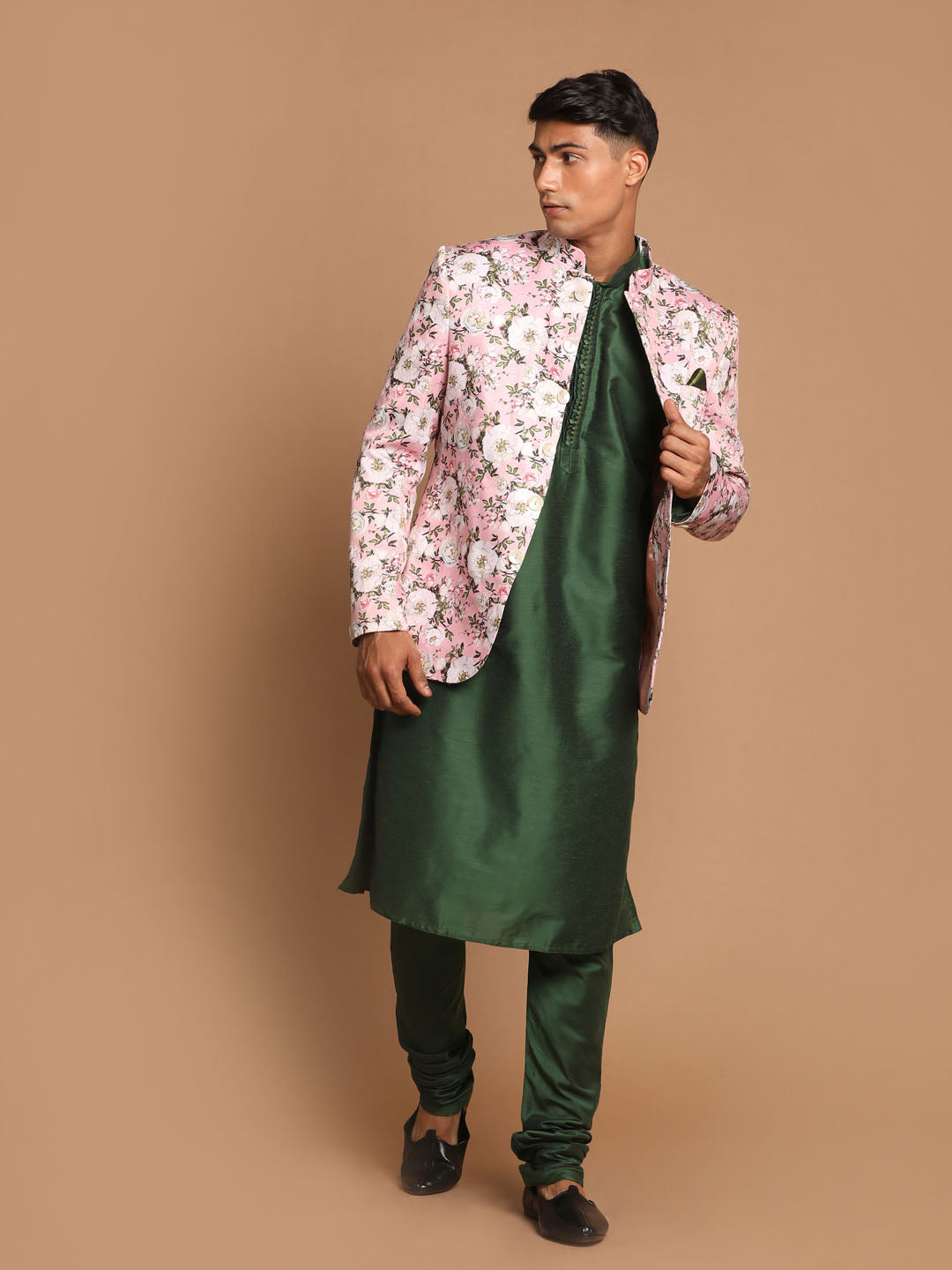 Sarvati Men's Pink Silk Blend Jodhpuri With Green Kurta and Pyjama Set