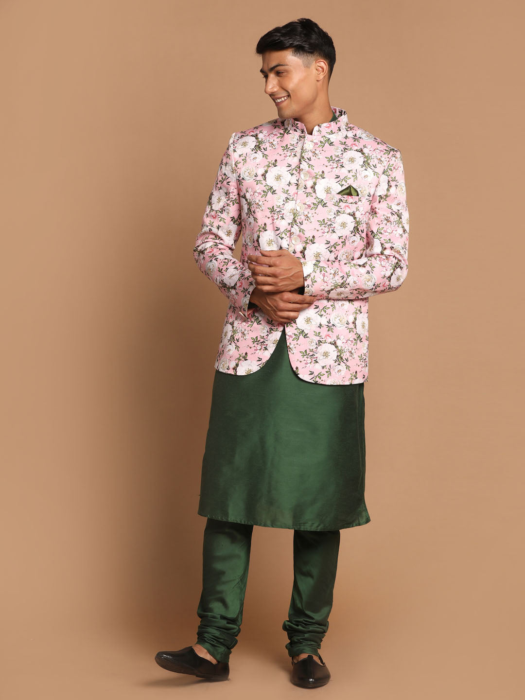 Sarvati Men's Pink Silk Blend Jodhpuri With Green Kurta and Pyjama Set