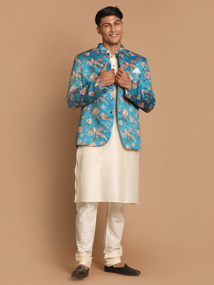 Sarvati Men's Turquoise Silk Blend Jodhpuri With Cream Viscose Rayon Kurta Pyjama Set