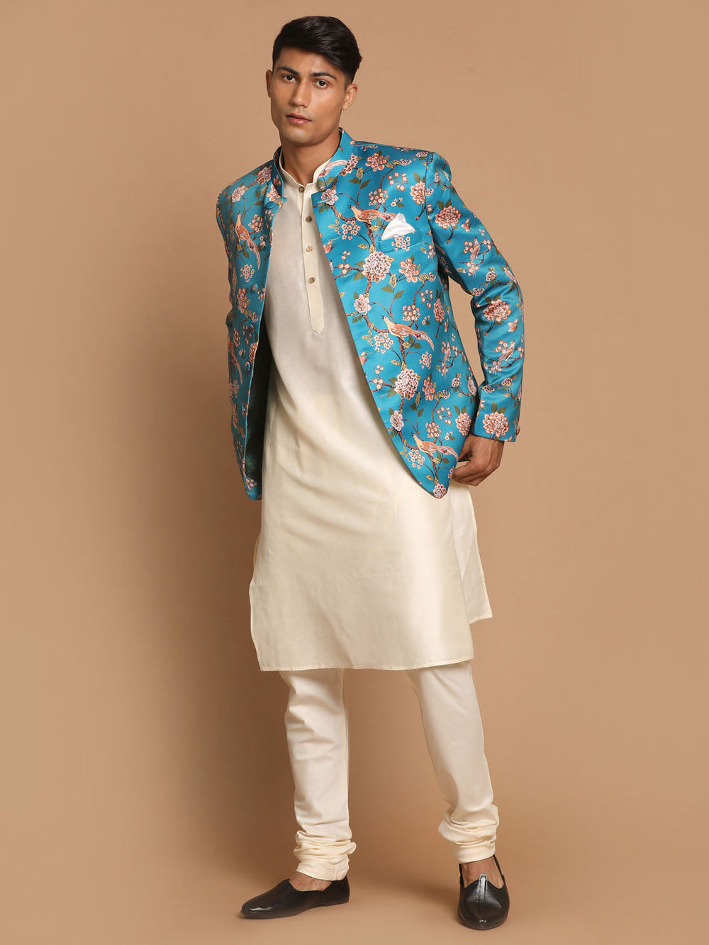 Sarvati Men's Turquoise Silk Blend Jodhpuri With Cream Viscose Rayon Kurta Pyjama Set