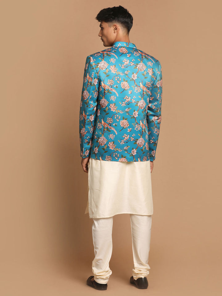 Sarvati Men's Turquoise Silk Blend Jodhpuri With Cream Viscose Rayon Kurta Pyjama Set