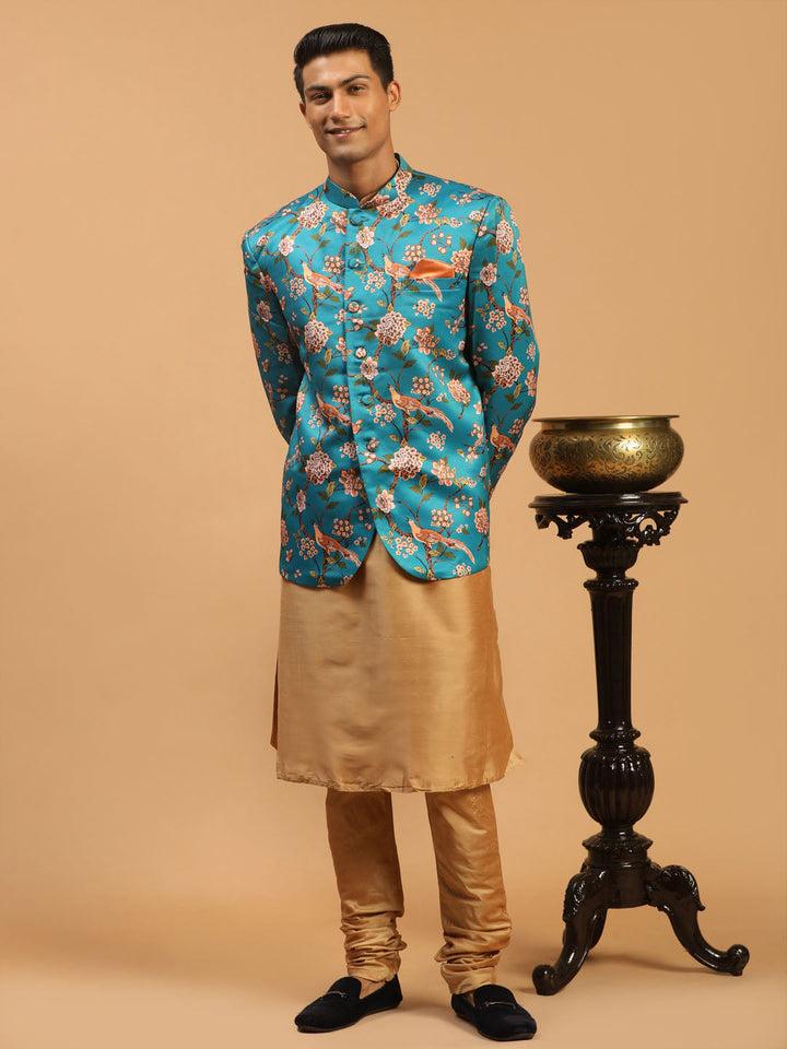 Sarvati Men's Turquoise Silk Blend Jodhpuri With Rose Gold Viscose Kurta Pyjama Set