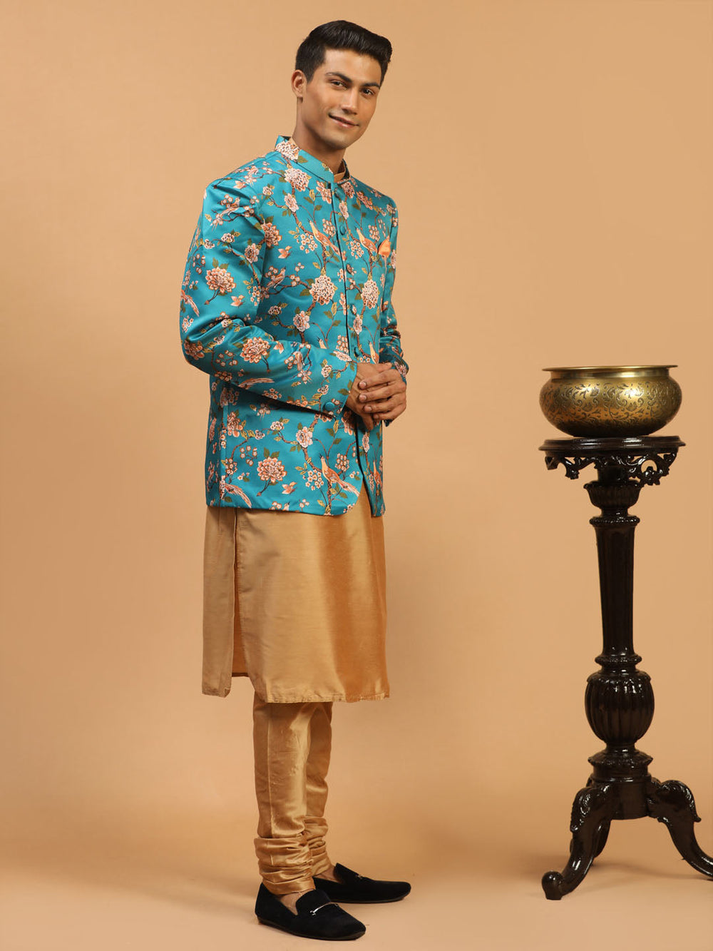 Sarvati Men's Turquoise Silk Blend Jodhpuri With Rose Gold Viscose Kurta Pyjama Set