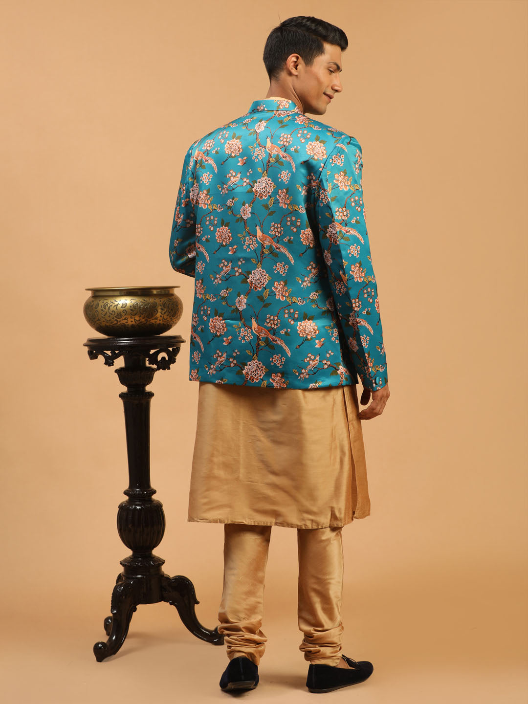 Sarvati Men's Turquoise Silk Blend Jodhpuri With Rose Gold Viscose Kurta Pyjama Set