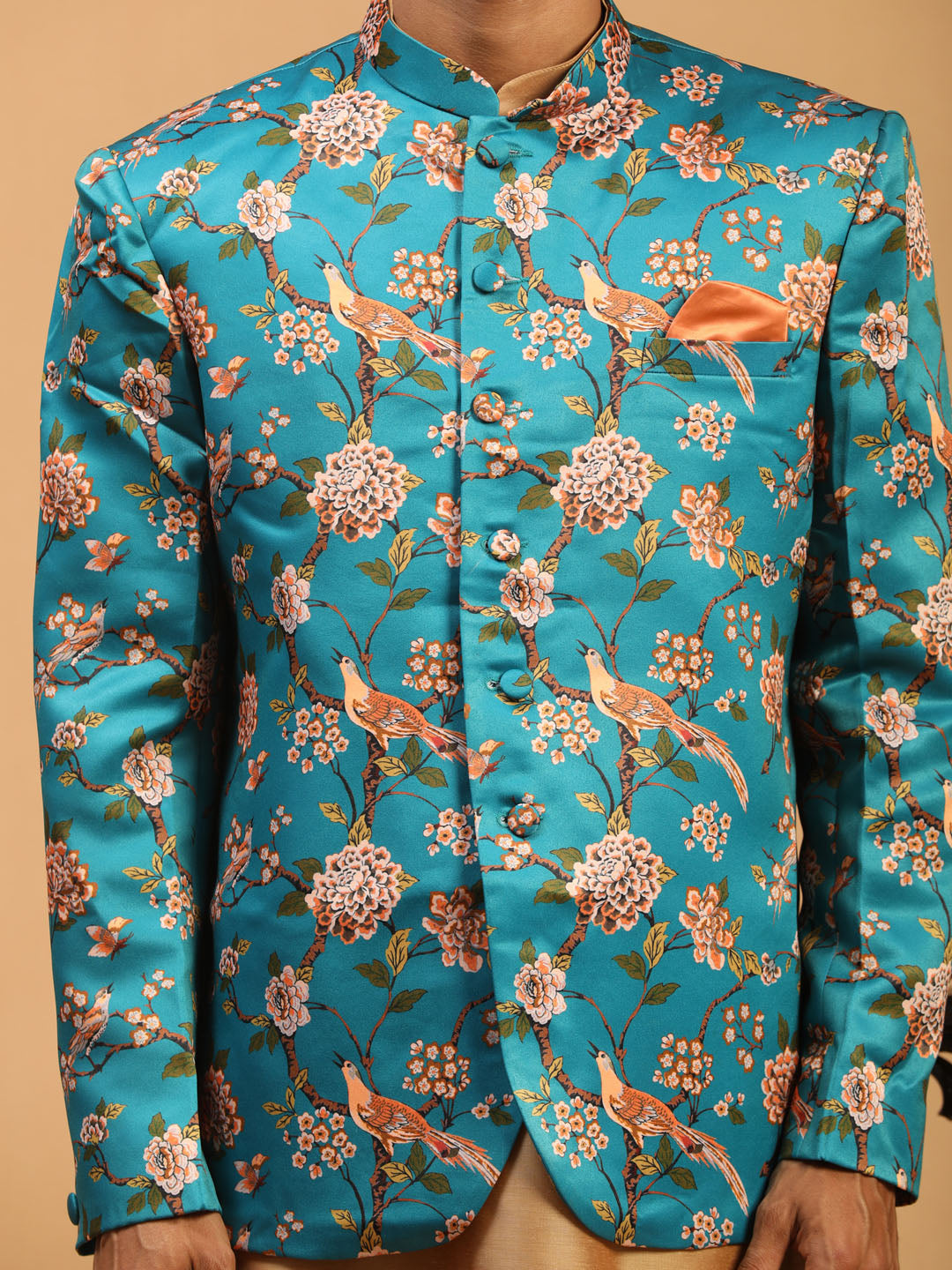 Sarvati Men's Turquoise Silk Blend Jodhpuri With Rose Gold Viscose Kurta Pyjama Set