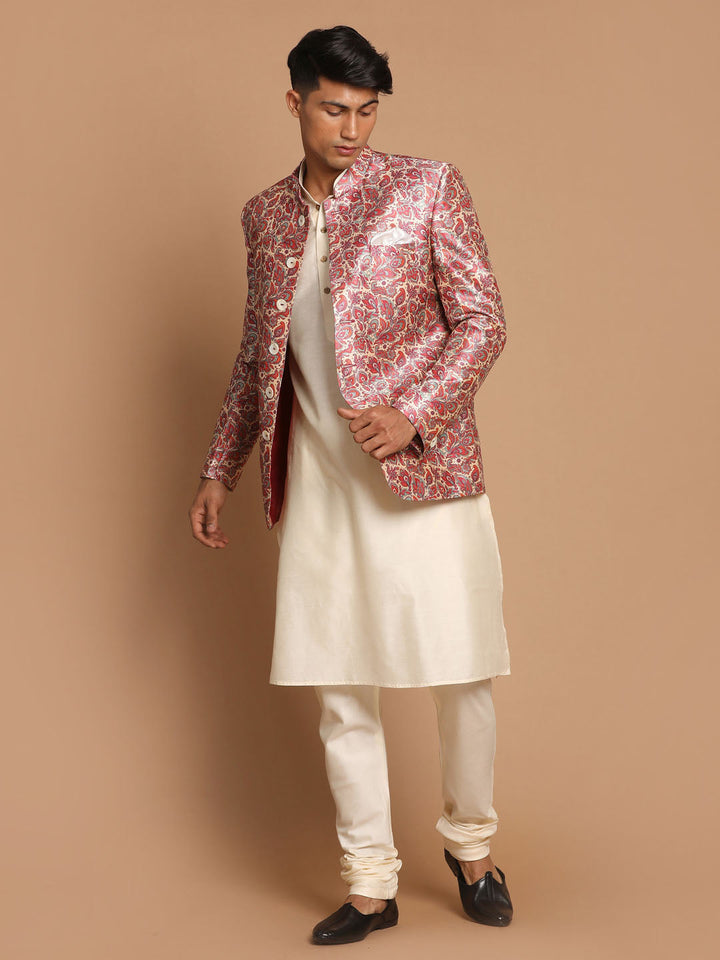 Sarvati Men's Pink Silk Blend Lavanya Print Jodhpuri With Cream Viscose Rayon Kurta Pyjama Set