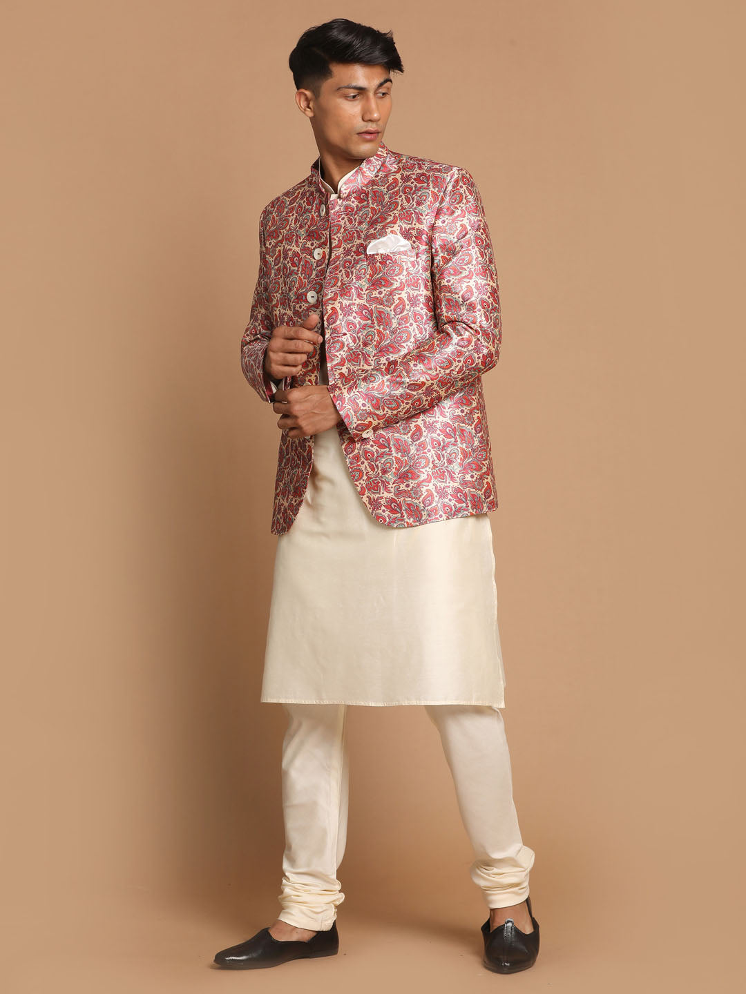 Sarvati Men's Pink Silk Blend Lavanya Print Jodhpuri With Cream Viscose Rayon Kurta Pyjama Set