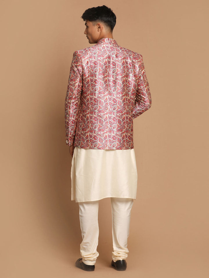 Sarvati Men's Pink Silk Blend Lavanya Print Jodhpuri With Cream Viscose Rayon Kurta Pyjama Set