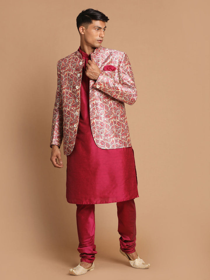 Sarvati Men's Pink Silk Blend Lavanya Print Jodhpuri With Solid Viscose Kurta Pyjama Set