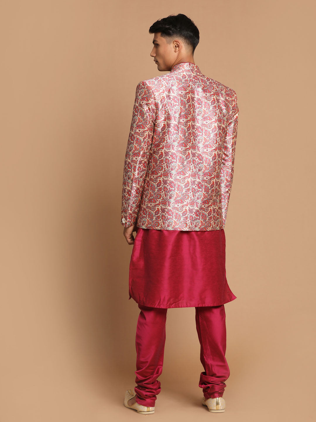 Sarvati Men's Pink Silk Blend Lavanya Print Jodhpuri With Solid Viscose Kurta Pyjama Set