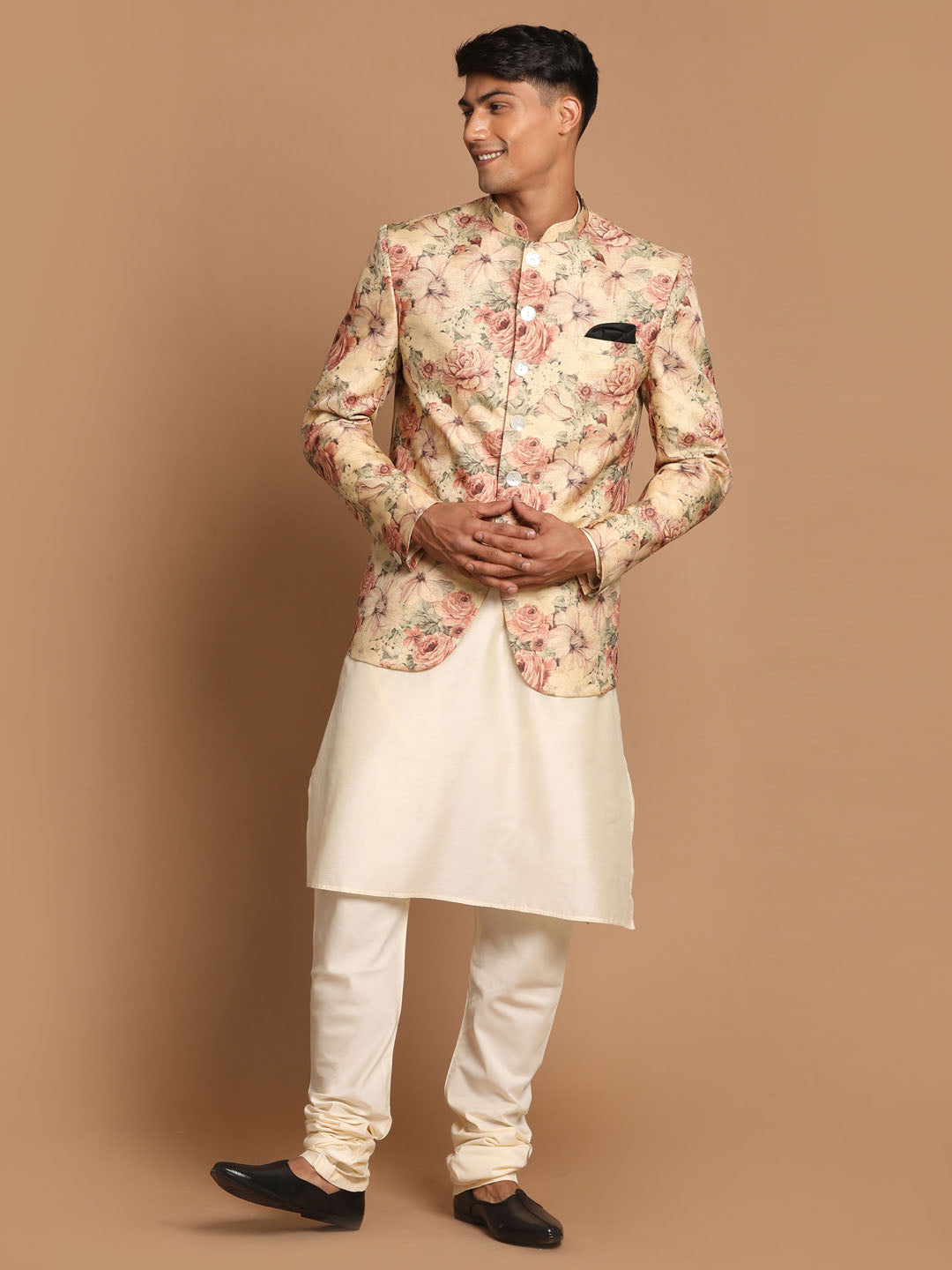 Sarvati Men's Beige Printed Jodhpuri And Cream Kurta Pyjama Set