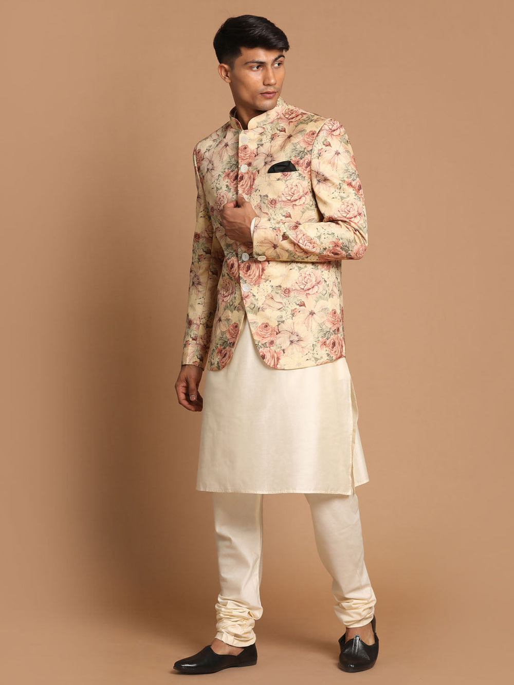 Sarvati Men's Beige Printed Jodhpuri And Cream Kurta Pyjama Set