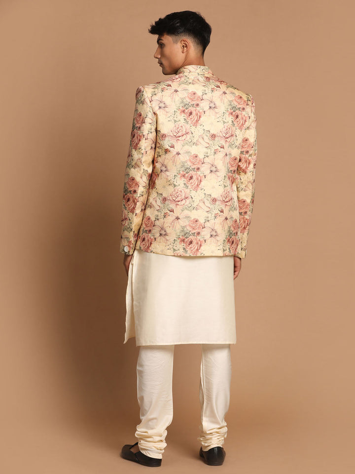 Sarvati Men's Beige Printed Jodhpuri And Cream Kurta Pyjama Set