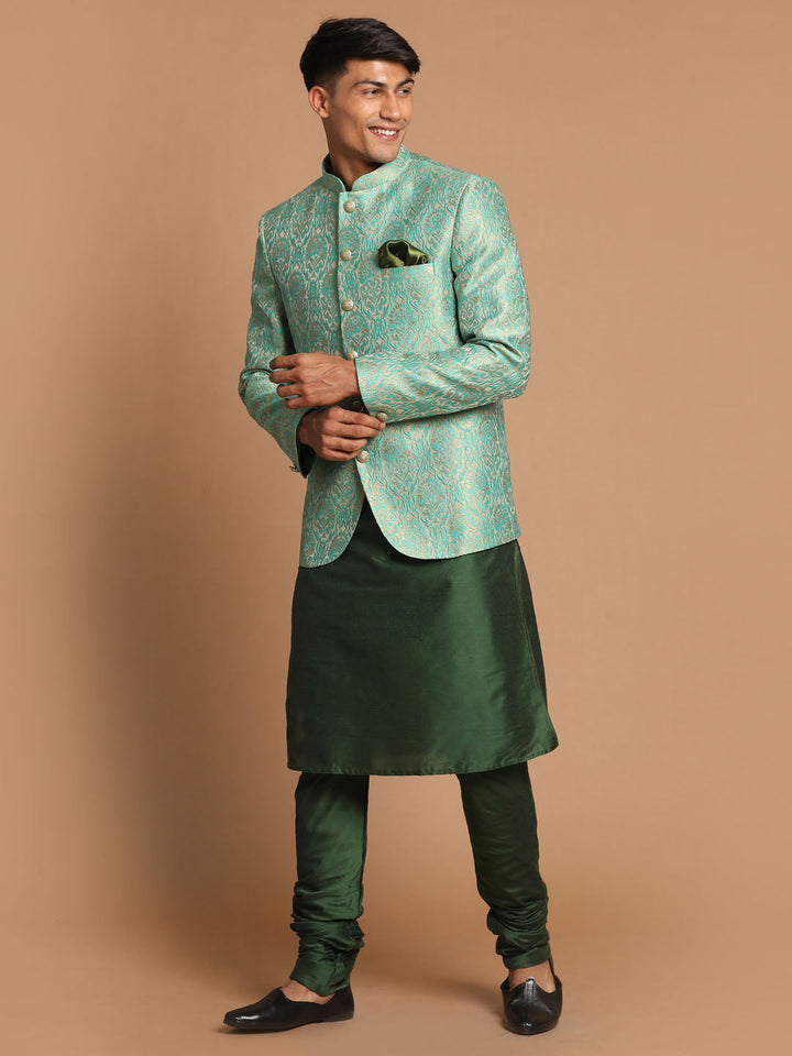 Sarvati Men's Green Woven Design Jodhpuri And Dark Green Solid Kurta Pyjama Set