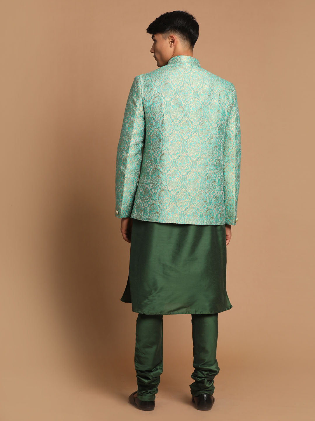 Sarvati Men's Green Woven Design Jodhpuri And Dark Green Solid Kurta Pyjama Set