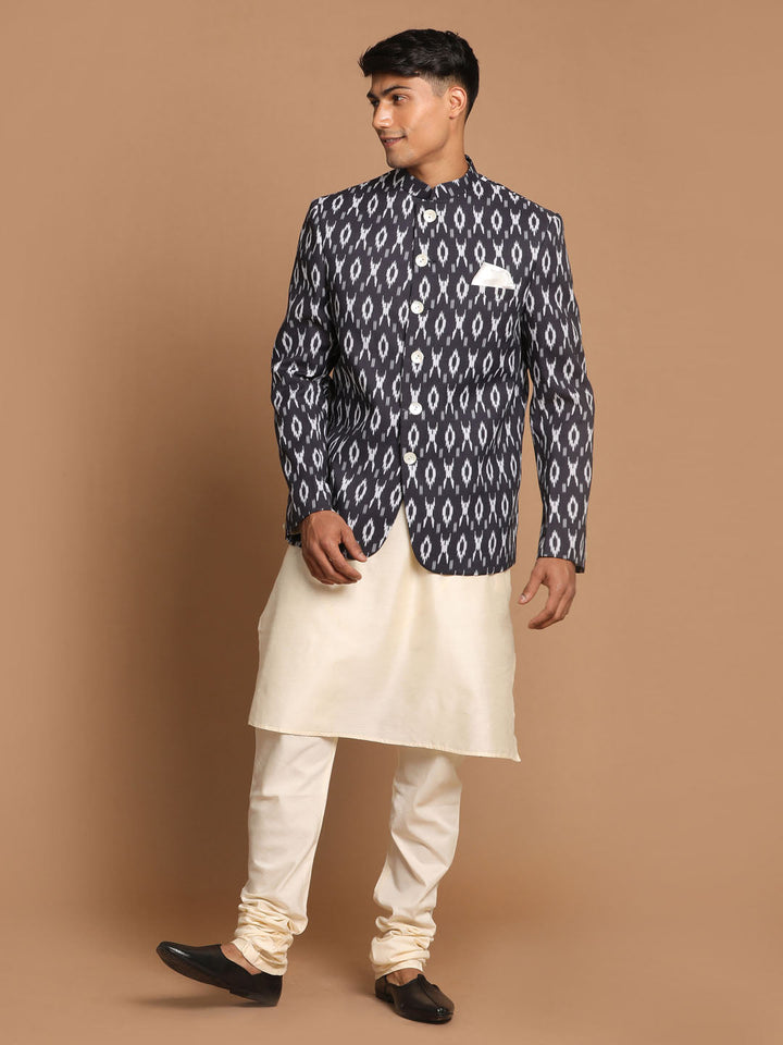 Sarvati Men's Black Ikkat Print Jodhpuri And Kurta Pyjama Set