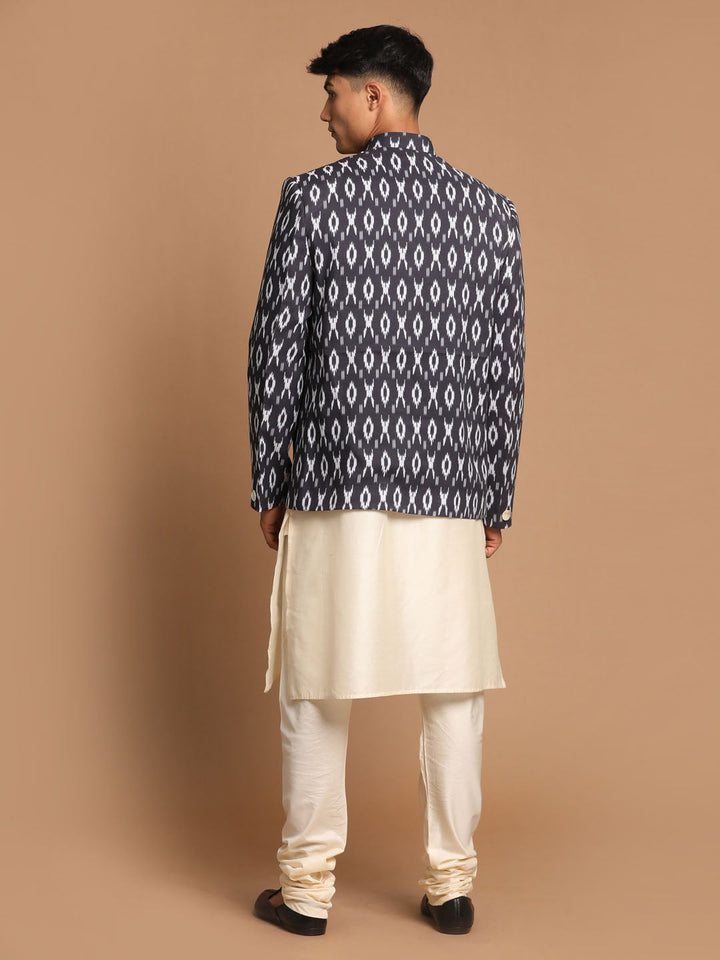 Sarvati Men's Black Ikkat Print Jodhpuri And Kurta Pyjama Set