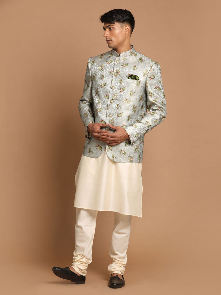 Sarvati Men's Green Woven Design Jodhpuri And Cream Kurta Pyjama Set