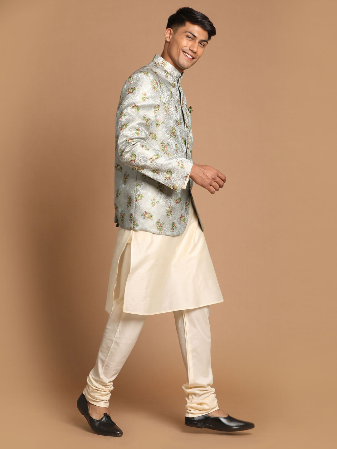 Sarvati Men's Green Woven Design Jodhpuri And Cream Kurta Pyjama Set