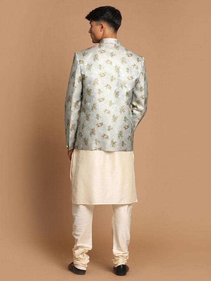 Sarvati Men's Green Woven Design Jodhpuri And Cream Kurta Pyjama Set