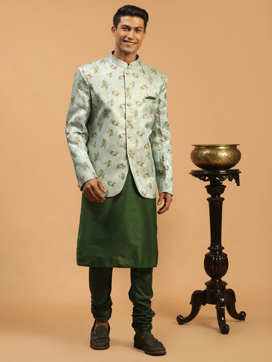 Sarvati Men's Green Woven Design Jodhpuri And Green Kurta Pyjama Set