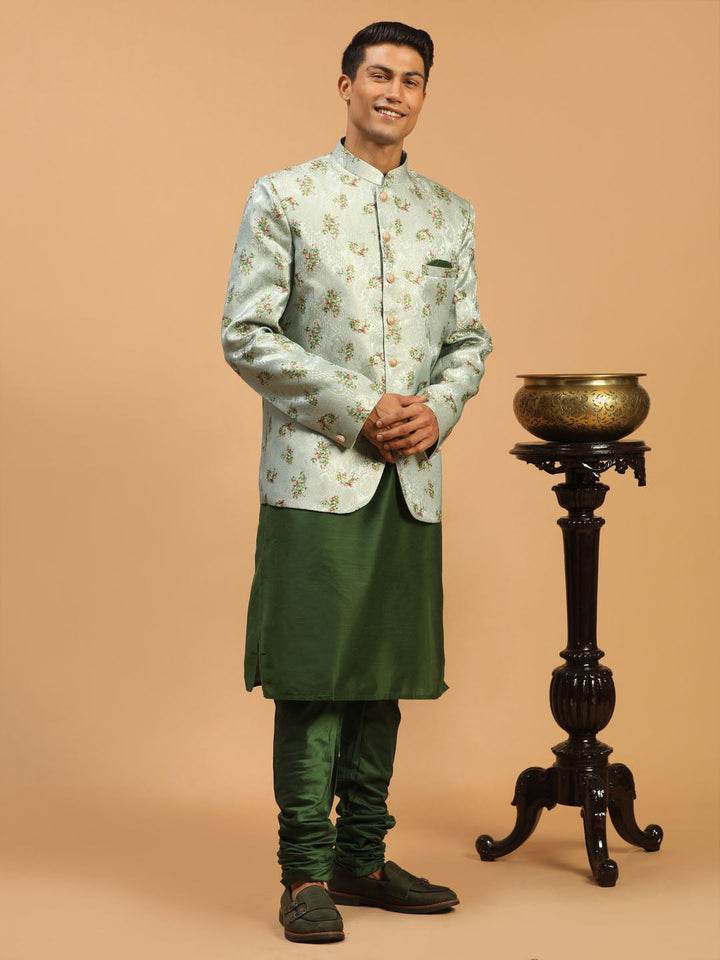 Sarvati Men's Green Woven Design Jodhpuri And Green Kurta Pyjama Set