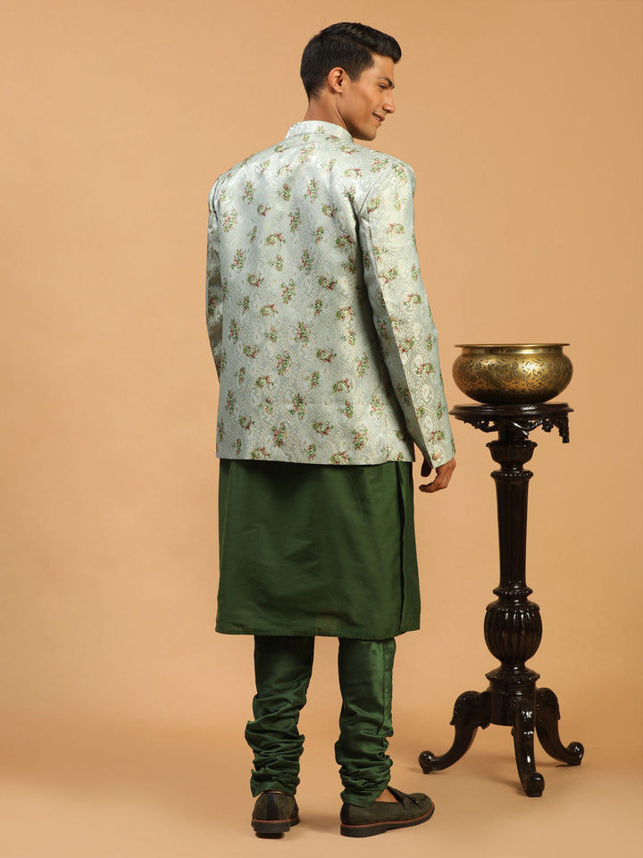 Sarvati Men's Green Woven Design Jodhpuri And Green Kurta Pyjama Set