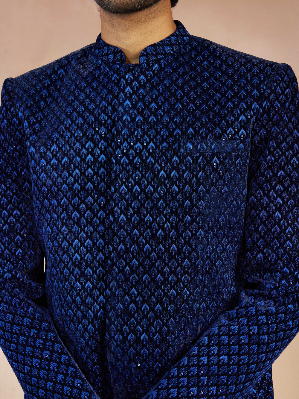 Men's Blue Velvet Thread Embroidered Ethnic Motif Jodhpuri - view 2