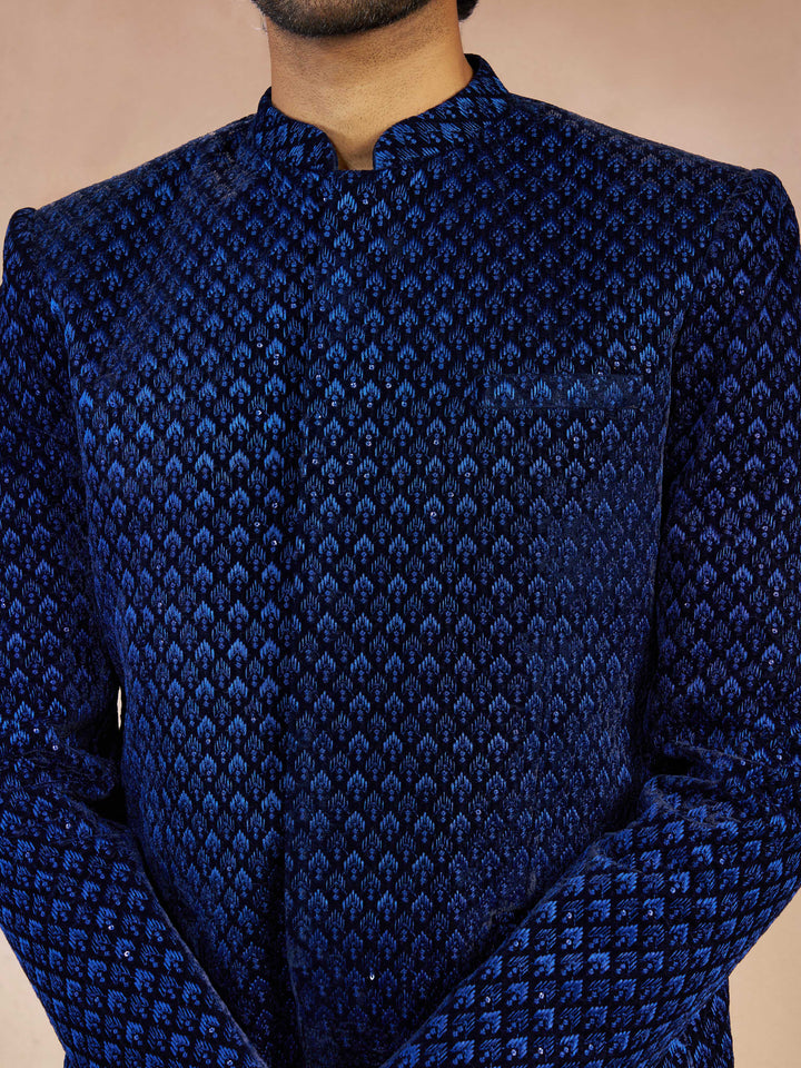 Men's Blue Velvet Thread Embroidered Ethnic Motif Jodhpuri - view 2