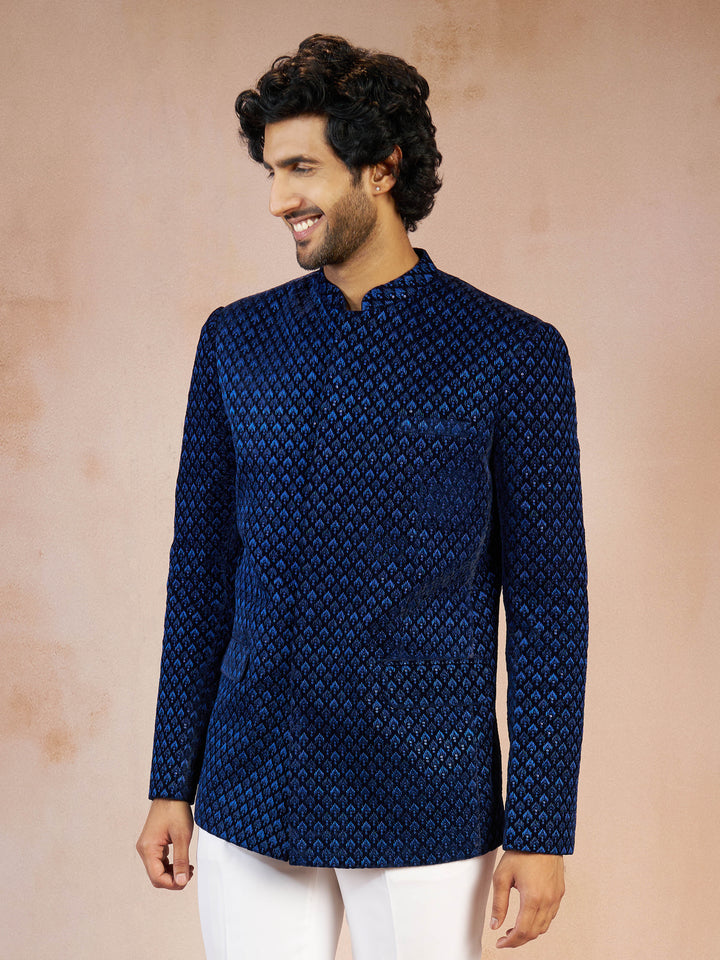 Men's Blue Velvet Thread Embroidered Ethnic Motif Jodhpuri - view 4